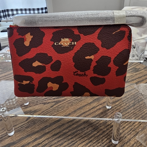Coach Handbags - Coach Red and Brown Leopard Print  Corner Zip